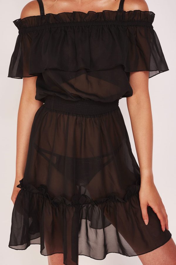 Wolf & Whistle Bardot Frill Beach Dress Black on Sale