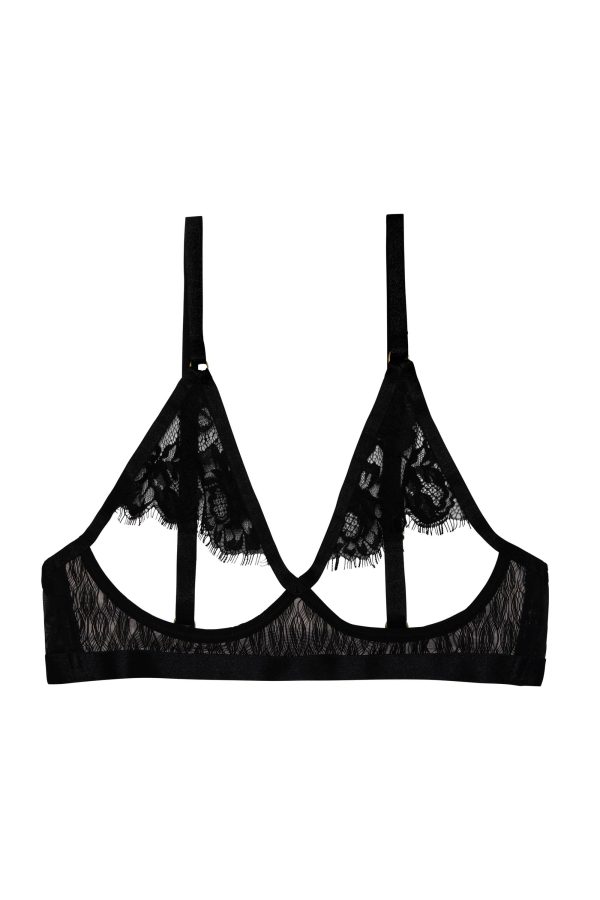 Hustler Blair Black Open Cup Triangle Bra with Geo Mesh For Discount