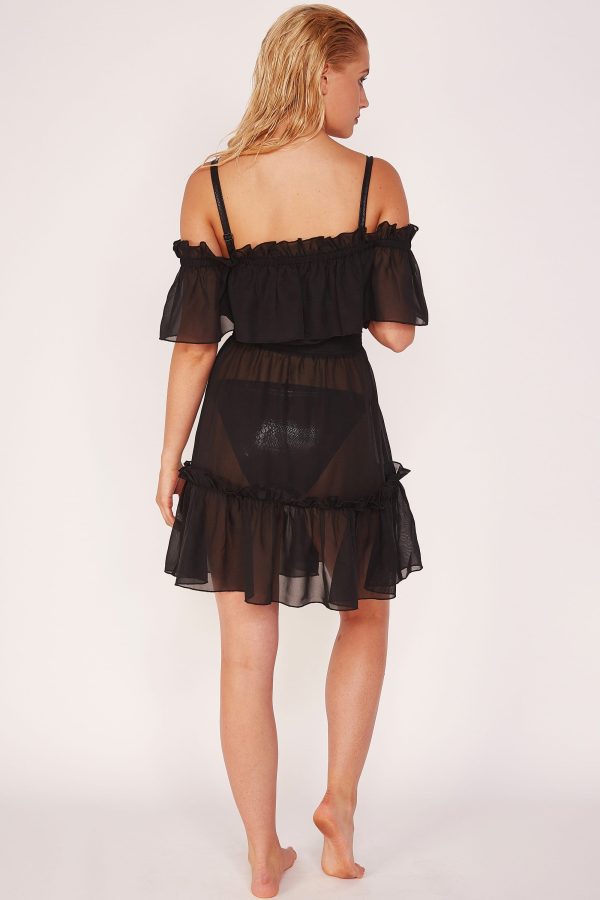 Wolf & Whistle Bardot Frill Beach Dress Black on Sale