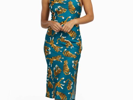 Kilo Brava Teal Tiger Satin Cowl Midi Slip Dress Hot on Sale